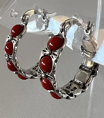 Vintage Red Coral Sterling Silver Signed Designer Hoop Earrings 925 Southwestern • $40