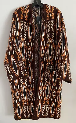 Zara Geometric Jacquard Long Coat Open Front Chunky Sweater Oversized Size S NWT • $104.30
