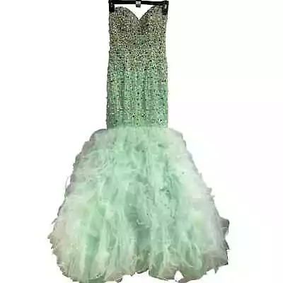 MORI LEE NEW Beaded Pearl Ruffle Tulle Mermaid Prom Pageant Dress Mint Women's 2 • $150