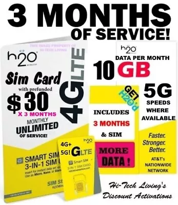 H2O H20 WIRELESS SIM ⭐w/ 3 MONTHS X $30 Plan ⭐ UNLIMITED T/T ✅ 10gb DATA ! • $29.95