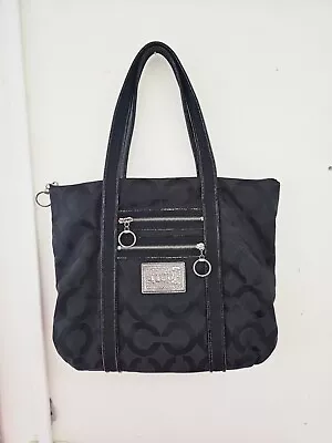 Coach 13826 Poppy Op Art Glam Signature Tote Bag Purse Black On Black EUC • $60