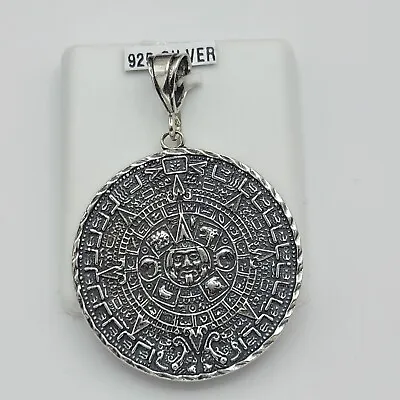 $75 • Buy Solid Sterling Silver 925  Aztec Mexica Calendar Sun Stone Oxidized Pendant
