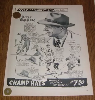 1947 Ad Champ Hats Dixie Walker Brooklyn Dodgers Willard Mullin Baseball Art • $12.50