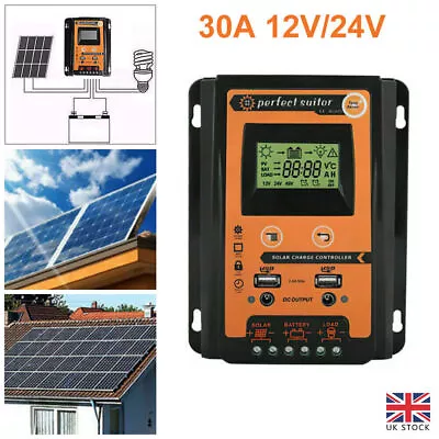 PWM Solar Charge Controller Panel Battery Regulator LCD Display 12V/24V 30A UK • £17.49