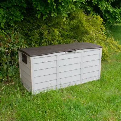 Brown Outdoor Garden Plastic Storage Box Portable Trunk Tools Cushion • £49.95