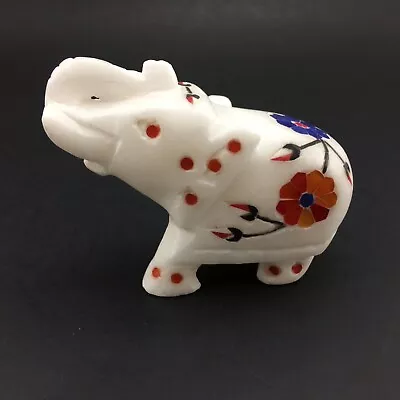 White Marble Elephant Figurine With Stone Inlay Floral Motif Trunk Up Handmade • $15.50