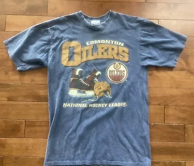 Vintage Edmonton Oilers T-Shirt Single Stitch Waves Canada Faded Blue Lg Hockey • $20.24