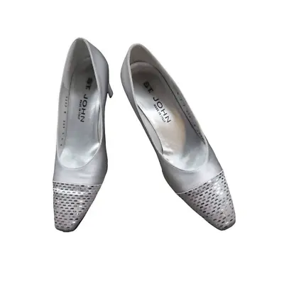 St. John Women's Size 5B Satin Pump Heels Silver Metallic Shimmer Sequin Toe Cap • $35