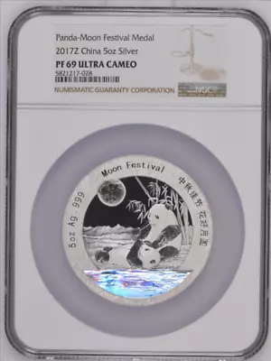 2017 China Silver 5oz Moon Festival Official Panda Medal NGC PF69UC #1 • $499