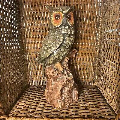 Hand Painted VINTAGE OWL ON BRANCH CERAMIC RETRO FIGURINE 9 1/2   Signed • $18
