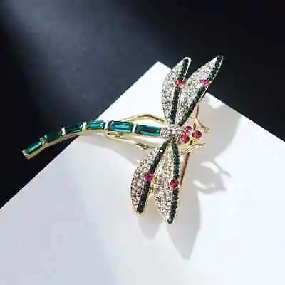 Oversized Dragonfly Brooch Pin Vintage Golden Tone Green Enameled Scarf Clip New • $15.98