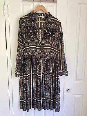 BNWT Zara Abstract Printed Button Front Shirt Flowy Dress Navy Women Size 10-12 • $20