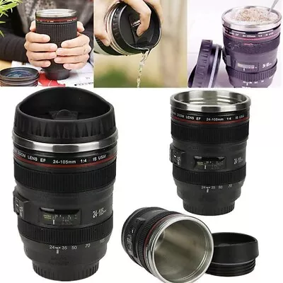 Camera Lens Mug Coffee Tea Stainless Steel Travel Cup Thermos Flask Sipping Lid • £9.99