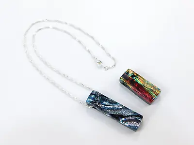 Silver Tone Twisted Rope Chain Interchangeable Dichroic Glass Pendant Necklace • $16.99