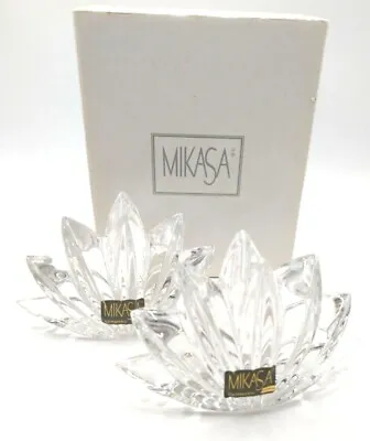 New Mikasa Clear Lead Crystal Pair Of Candle Holders Fleurisse Pattern Germany   • $17.97