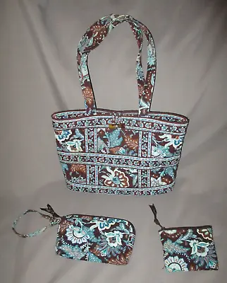 Vera Bradley Java Blue Brown Toggle Tote Bag Purse Wristlet & Coin Pouch • $19.99