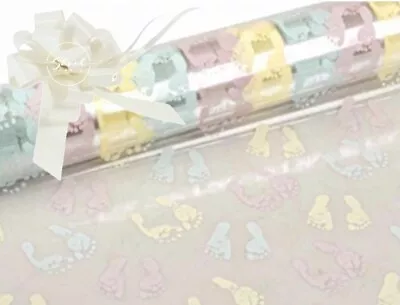 ShredAstic® New Baby Shower Cellophane Wrap Footprints Ivory Pull Bow Hamper Kit • £3.49