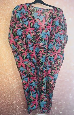 £10.99 • Buy Kaftan, Beach Cover Up, Pink/turquoise/green/black Palm Trees One Size 8-18