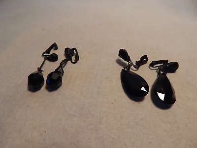 Two Vtg 1950s 60s Black Jet Pair Faceted Clip On Earrings 2 Inch Drop Mourning • $19.95