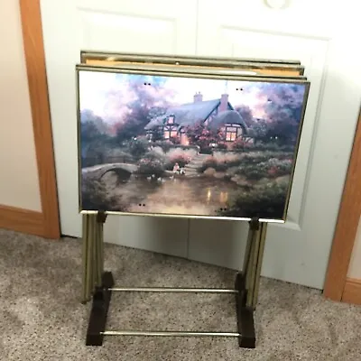 Vintage TV Trays Cottage Scenes Of Seasons  C Kieller Faux Wood With Stand • $145