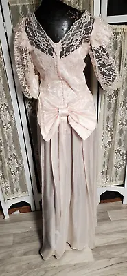 Xs VTG 80s Pink Lace Acetate Satin Prom Formal Evening Dress HUGE BOW Barbiecore • $32