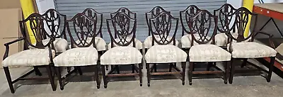 Set Of 12 Mahogany Federal Shield Back Chairs Chinoiserie Fabric Bench Made • $1899