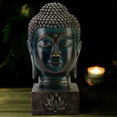 Rustic Spiritual Buddha Head Figurine Meditation Bust Statue Lotus Display Base • $32.99