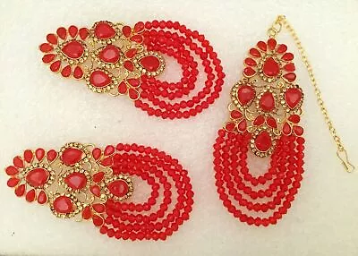 Red Bridal Maang Tikka Earring Crystal Kundan Bollywood Gold Tone Indian Jewelry • $21.93