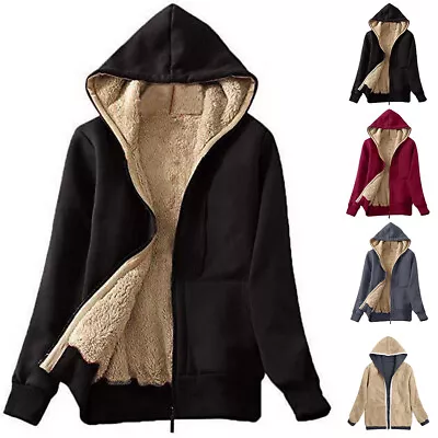 Womens Fur Lined Hoodie Jacket Coat Ladies Zip Up Winter Warm Fleece Sweatshirt • £11.59