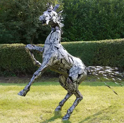 Equestrian Sculpture “Wild Rearing Stallion” Silvery Metal Horse 1250mm High • £229.99