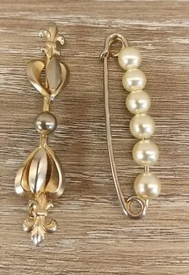 Vintage Brooch Pin Safety Pin W/ Faux Pearls &Gold Tone W/ Fleur Lot Of 2  • $14.95