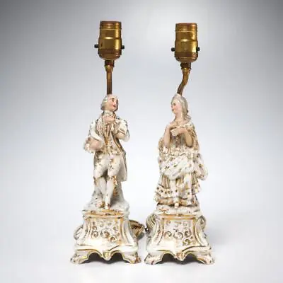 Pair Colonial Man Woman White Gold Ceramic Boudoir Side Table Vintage Lamps • $90