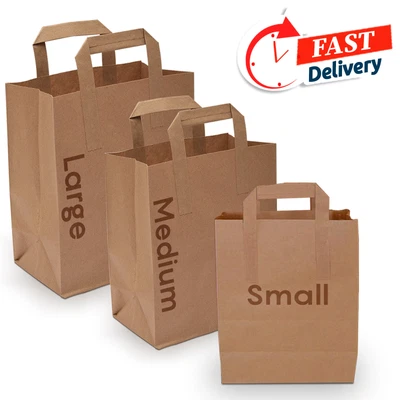 £0.99 • Buy Paper Bags Kraft Brown Sos Food Carrier Bags With Handles Takeaway Gift Sweets