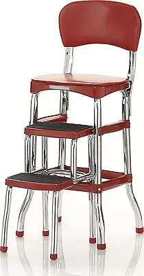 Red Folding Step Stool Kitchen Office Home Chair Back Retro 2 Platform Ladder • $213.14