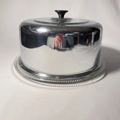 Vintage Glass Footed Cake Plate & Aluminum Metal Cover W/Black Knob • $34.99