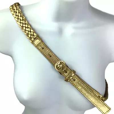 Michael Kors MK Medallion Logo Gold Woven Leather Slim Thin Belt Small 30” - 34” • $15.97