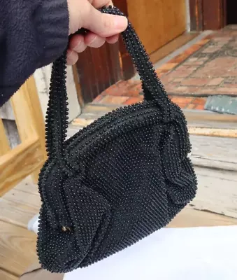 Vintage Lumured Corde-Bead USA Black Beaded Mesh Hand Bag Purse 8  Evening LOOK • $2.99