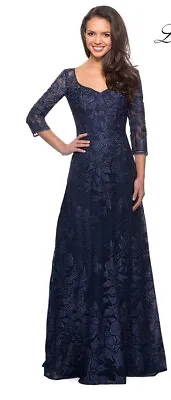 New La Femme 28053 Floral Embroidered Mesh A- Line Gown In Navy Blue Size 12 • $119.98