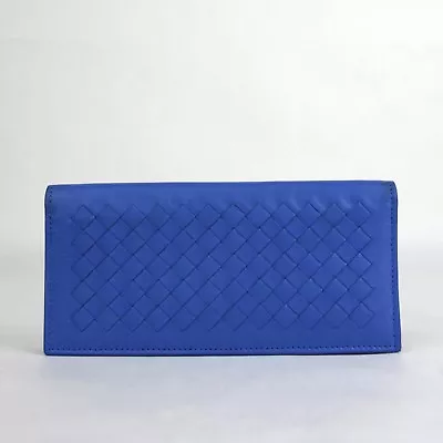 Bottega Veneta Men Blue Leather Intercciaco Woven Long Bifold Wallet 390878 4315 • $375.99