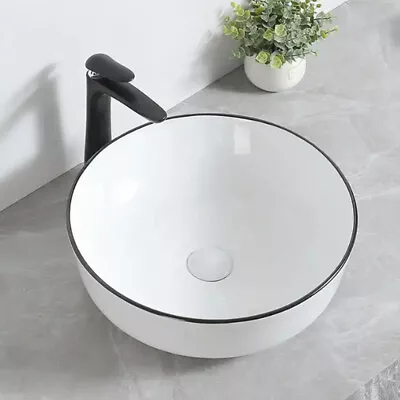 Ceramic Bathroom Vanity Wash Basin Sink Black Countertop Round Bowl Modern 415mm • £33.90