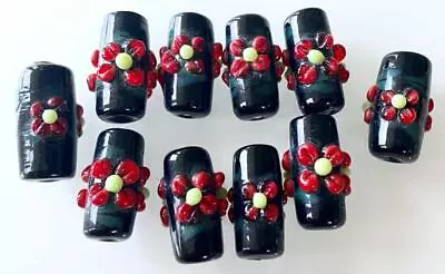 Vintage Large 10 X 21mm Black & Red Floral Lamp Work Glass Barrel Beads 10 • $6