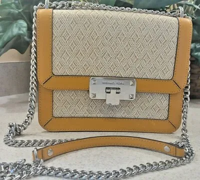 Michael Kors PEYTON Small Shoulder Flap Bag Purse Chain Strap STRAW & LEATHER!!! • $56.99