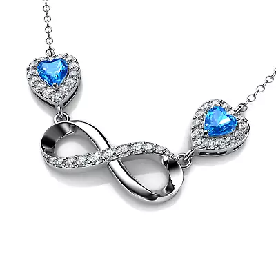 Infinity Necklace 925 Sterling Silver Pendant Blue Hearts CZ Crystals • £28