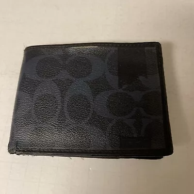 Coach Billfold Leather Wallet - Black Charcoal Signature Logo Print (Has Wear) • $14.99