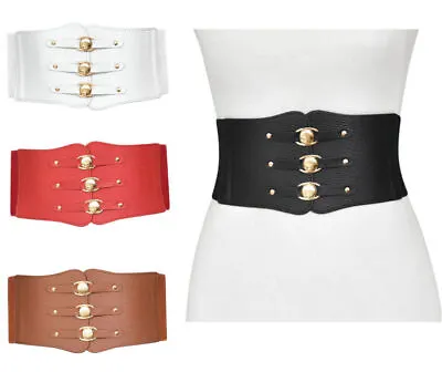 Women's Wide Belt Waistband Faux Leather Fashion Studs Elastic Stretch Corset UK • £6.64