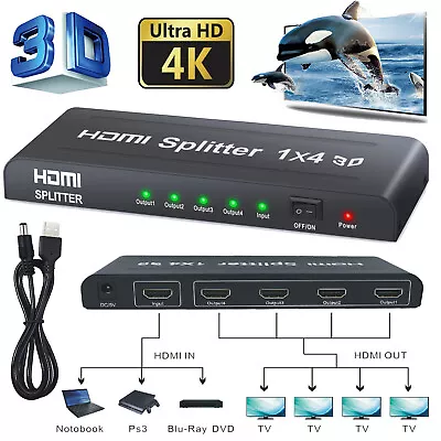 Ultra HD HDMI Splitter Amplifier Duplicator 4 Way 1x4 Hub 1 In 4 Out 3D 4K 2K • $26.85