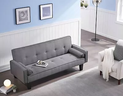 Modern 72  Living Room Convertible Dark Grey Cotton Linen Sofa Bed W/2 Pillows • $279.62