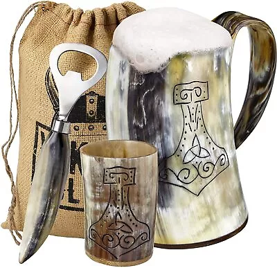 Viking Culture Ox Horn Mug Shot Glassand Bottle Opener 3 Pic Set  Thors Hammer • $44