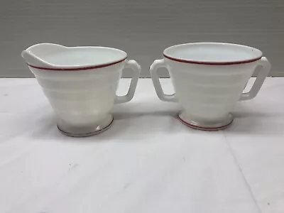 White Milk Glass With Red Band Sugar Bowl & Creamer • $4