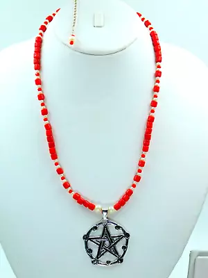 Red Coral Wheel Shape & Pearl Beads Necklace With Mandala Star Pendant 18 Inches • $14.98